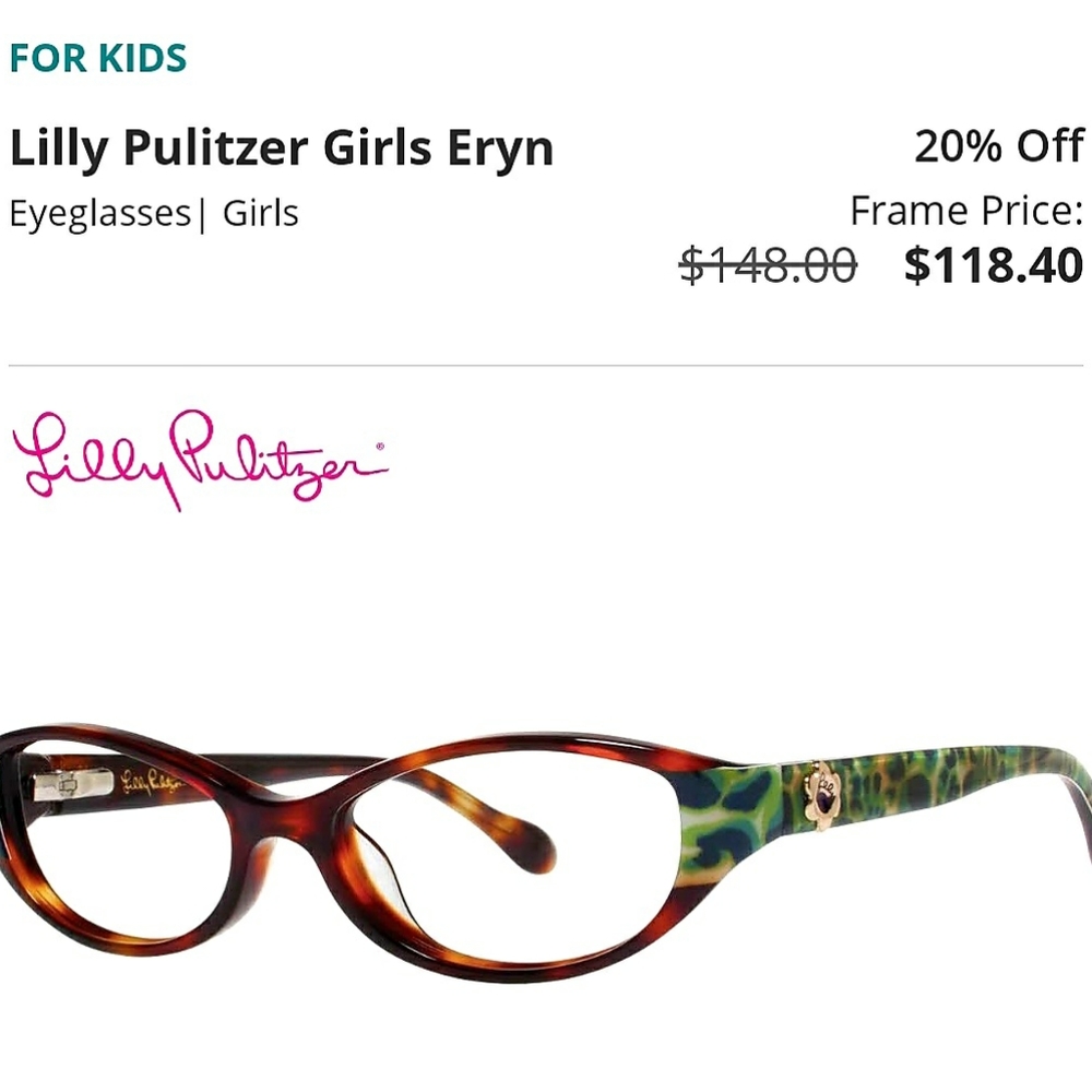 Lilly Pulitzer Perscription Eryn Girls Children' Glasses Preppy Camo Reptile OS